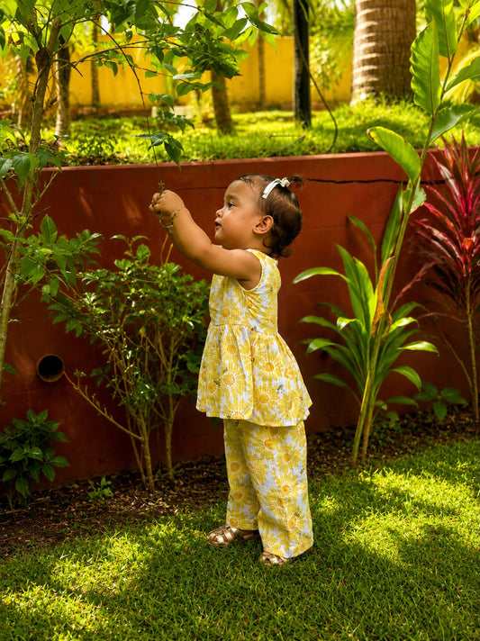 Sunny Bee Yellow Sunflower Cotton Co-ord Set for Girls | Juneli