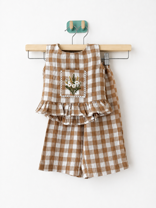 Embroidered Muslin Brown Gingham Co-ord Set