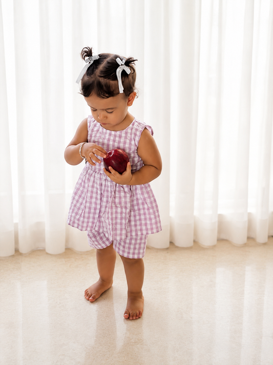 Lavender Gingham Check Cotton Co-ord Set for Girls | Juneli
