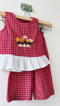 Blossom Frill raspberry gingham embroidered ruffle top and pants set for girls