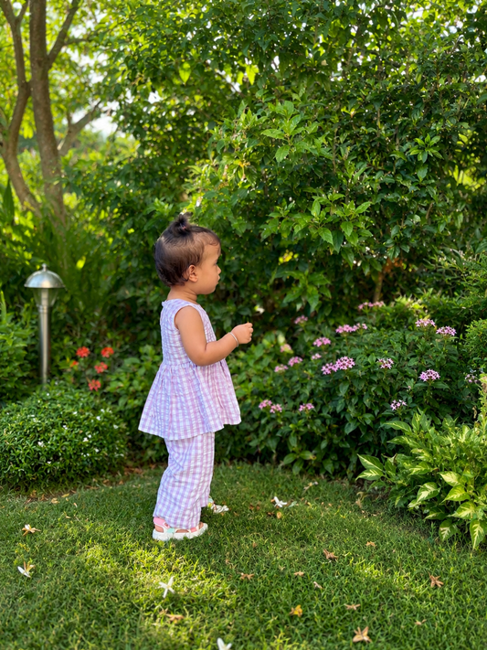 Lavender Gingham Check Cotton Co-ord Set for Girls | Juneli