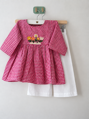 Bloom Garden rani pink gingham embroidered top with white pants for girls