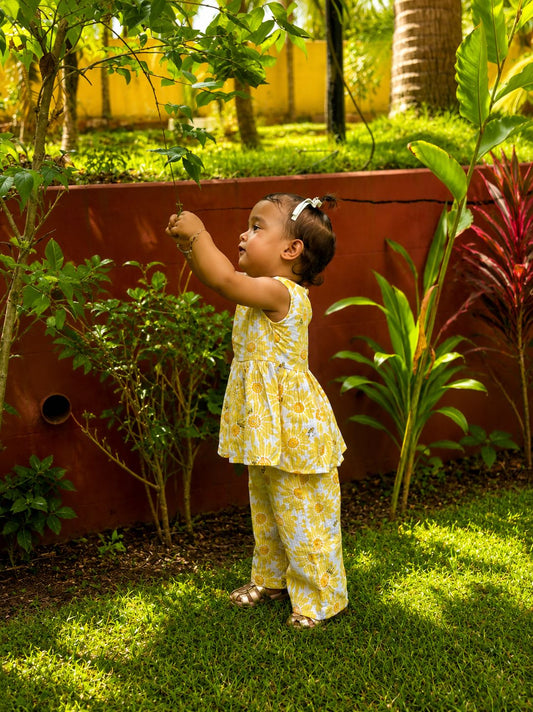 Sunny Bee Yellow Sunflower Cotton Co-ord Set for Girls | Juneli