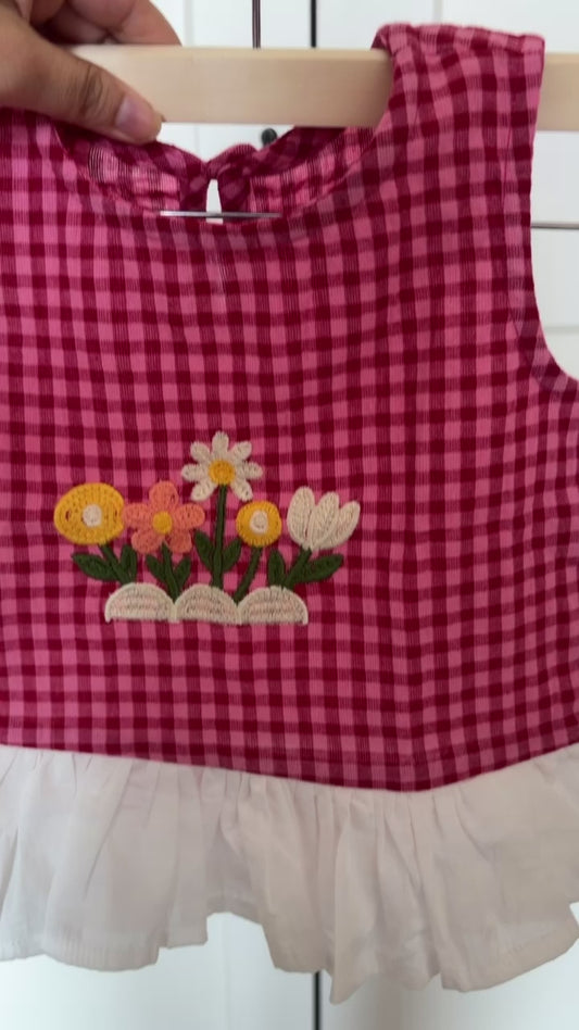 Blossom Frill raspberry gingham embroidered ruffle top and pants set for girls – video